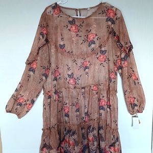 Sheer Brown Longsleeve Ruffle Dress